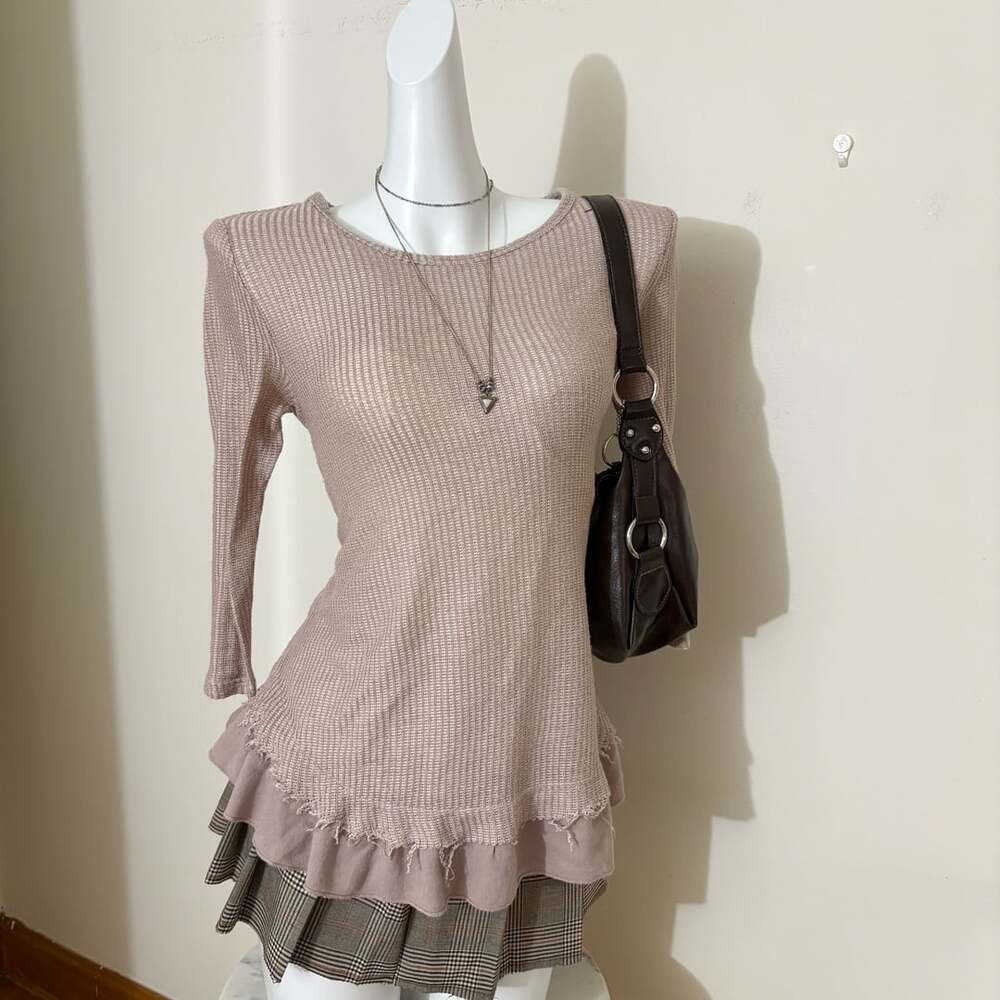 Thermal Top Size M Taupe Button Back Raw Hem Layered